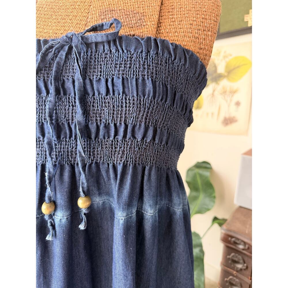 Dark Chambray Strapless Maxi Dress Smocked Tiered Boho Cottagecore - Picture 2 of 5